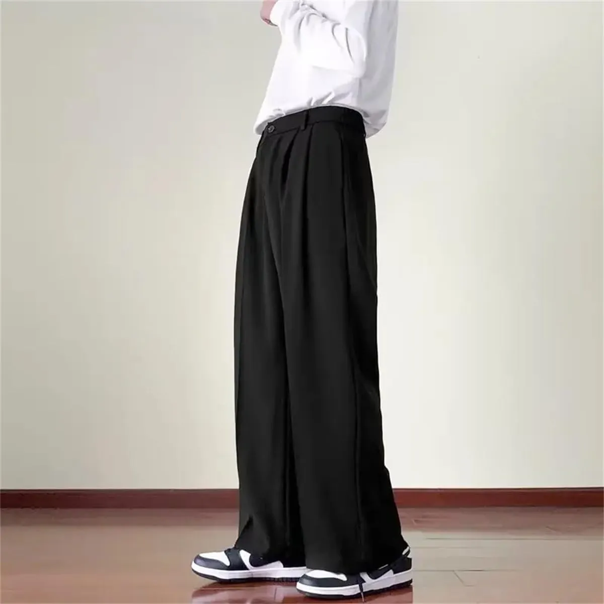 Men Brown Black Suit Pants Fashion Social Dress Pants Korean Loose Straight Wide Leg Office Formal Trousers