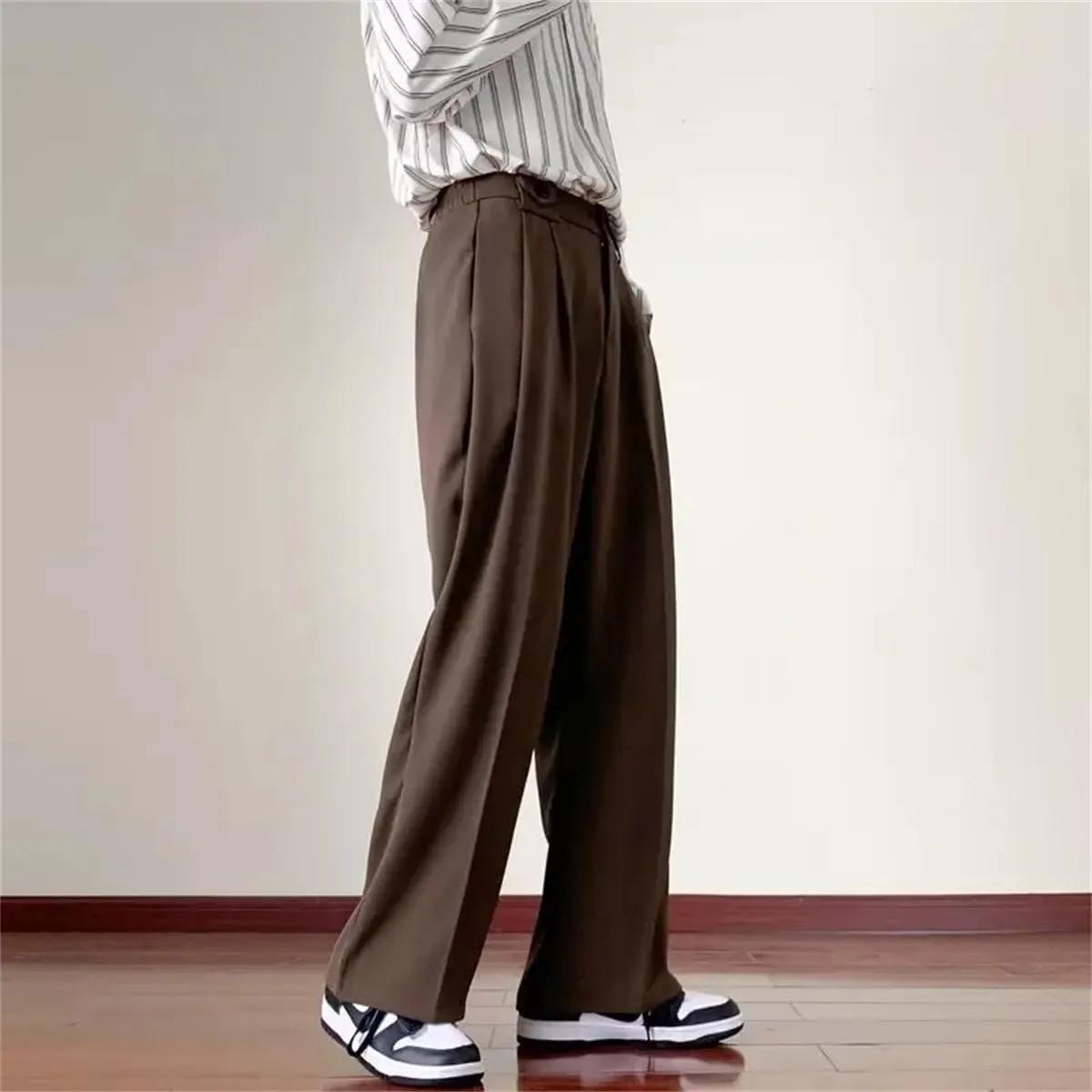 Men Brown Black Suit Pants Fashion Social Dress Pants Korean Loose Straight Wide Leg Office Formal Trousers
