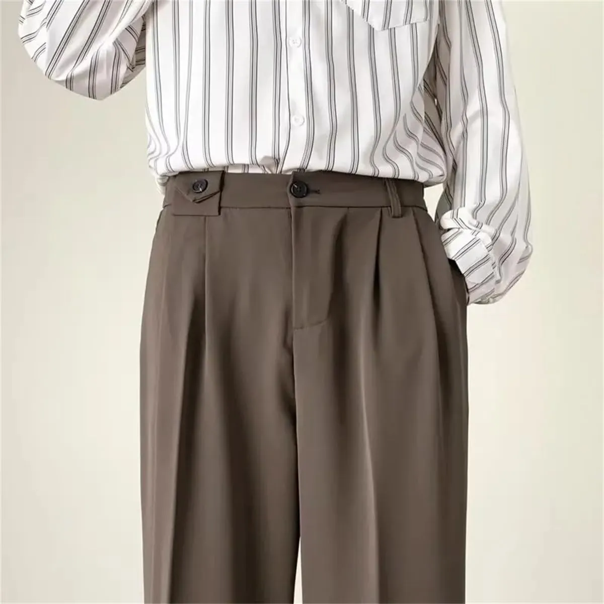Men Brown Black Suit Pants Fashion Social Dress Pants Korean Loose Straight Wide Leg Office Formal Trousers