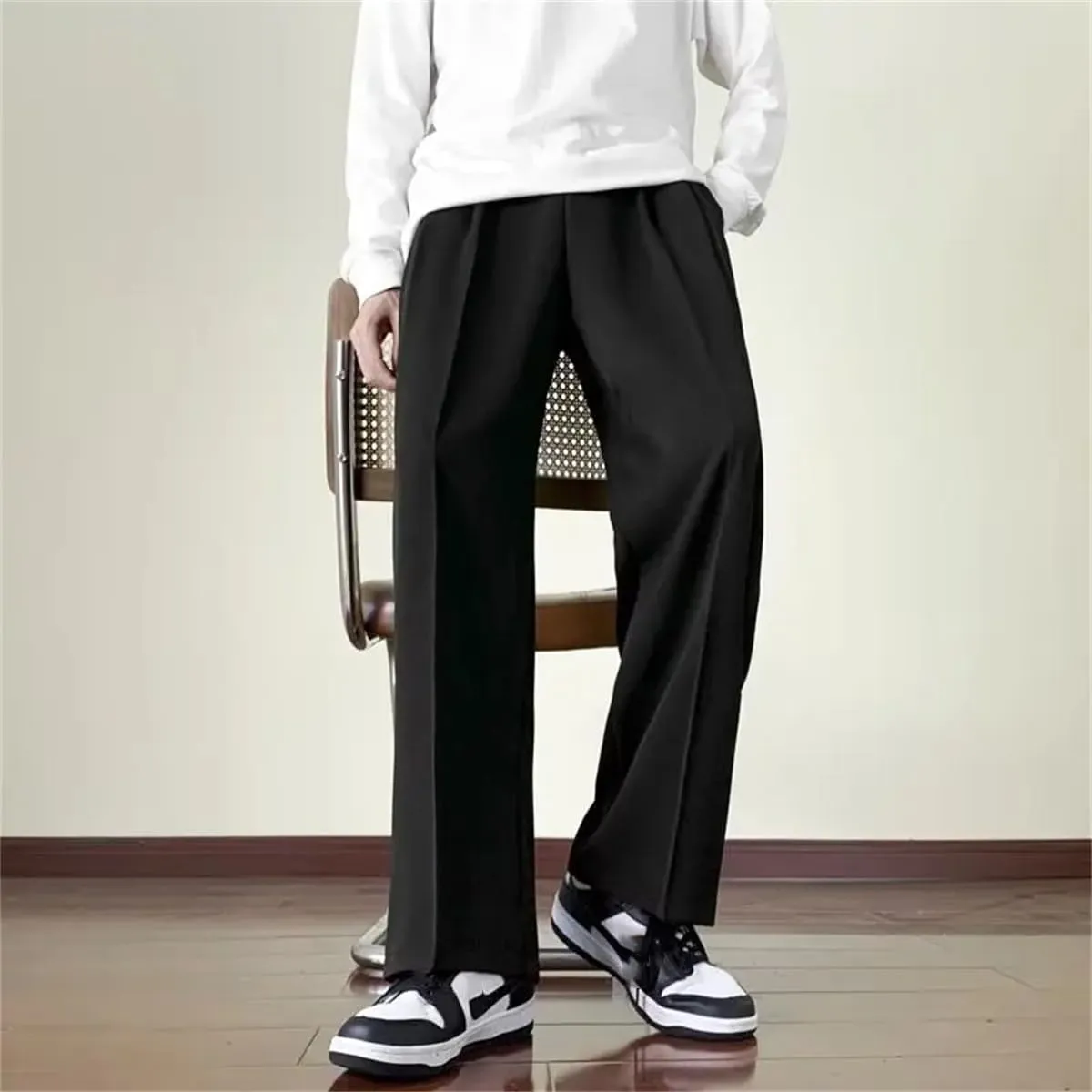Men Brown Black Suit Pants Fashion Social Dress Pants Korean Loose Straight Wide Leg Office Formal Trousers