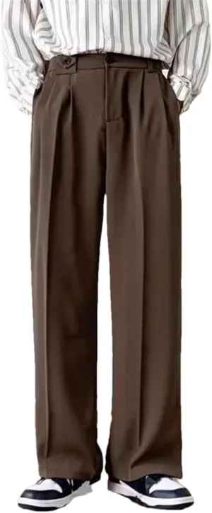 Men Brown Black Suit Pants Fashion Social Dress Pants Korean Loose Straight Wide Leg Office Formal Trousers