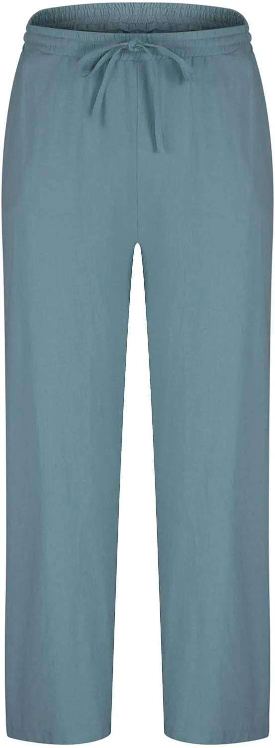 Men Linen Pants Slim Fit Cotton Casual Lightweight Elastic Waist Summer Beach Drawstring Trousers with Pockets