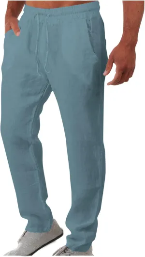 Men Linen Pants Slim Fit Cotton Casual Lightweight Elastic Waist Summer Beach Drawstring Trousers with Pockets
