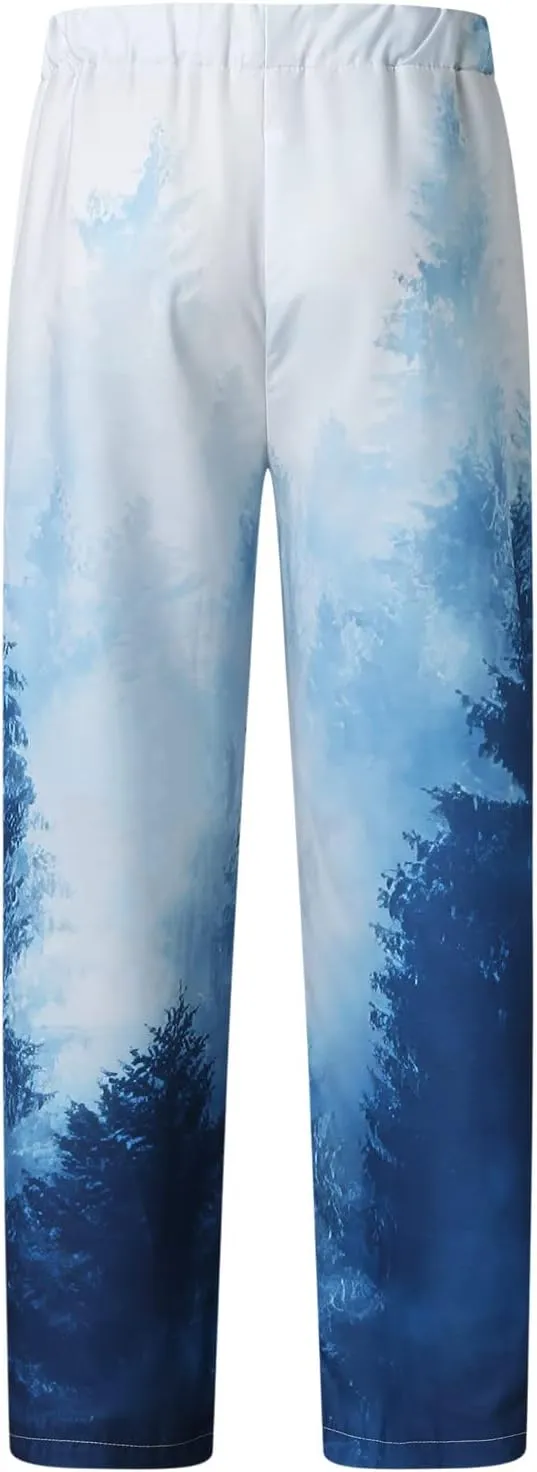 Men's Casual Summer Pants Beach Hawaiian Print Linen Pants Elastic Waist Drawstring Baggy Trousers with Pockets