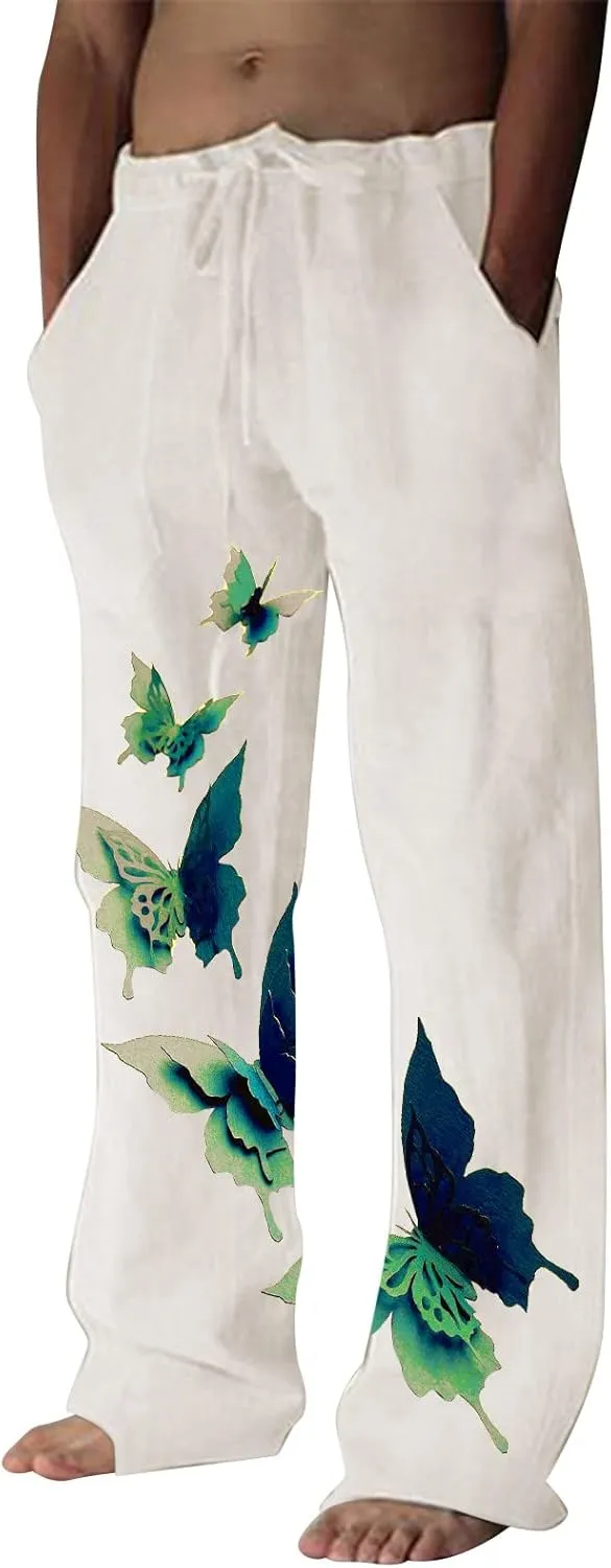 Men's Casual Summer Pants Beach Hawaiian Print Linen Pants Elastic Waist Drawstring Baggy Trousers with Pockets