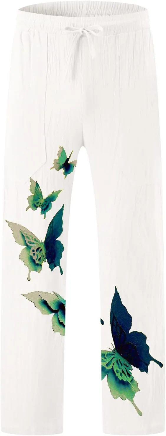 Men's Casual Summer Pants Beach Hawaiian Print Linen Pants Elastic Waist Drawstring Baggy Trousers with Pockets