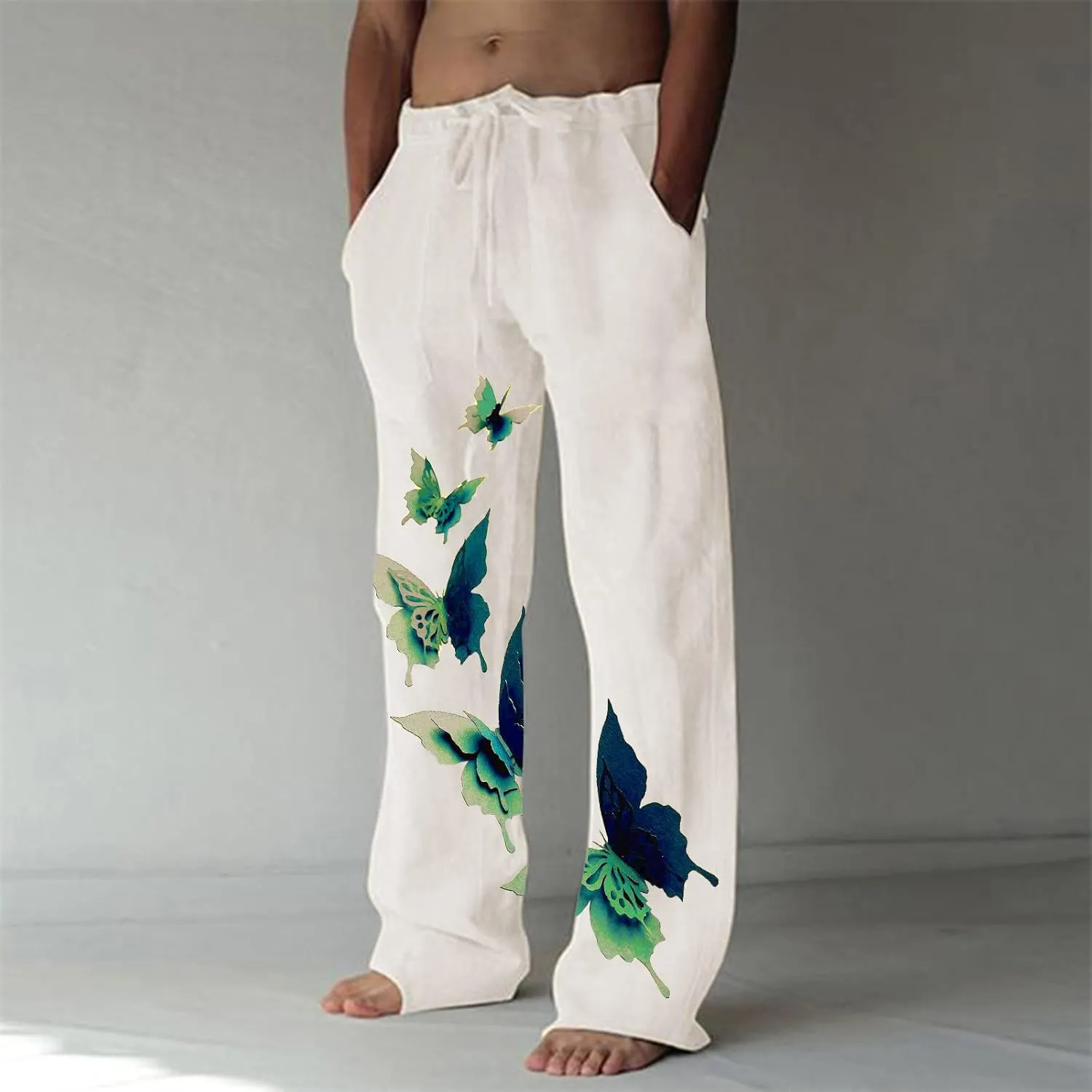 Men's Casual Summer Pants Beach Hawaiian Print Linen Pants Elastic Waist Drawstring Baggy Trousers with Pockets