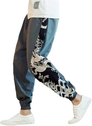 Men's Chinese Dragon Harem Pants,Japanese Street Jogging Trousers with Dragon Stitching