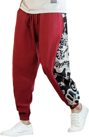 Men's Chinese Dragon Harem Pants,Japanese Street Jogging Trousers with Dragon Stitching