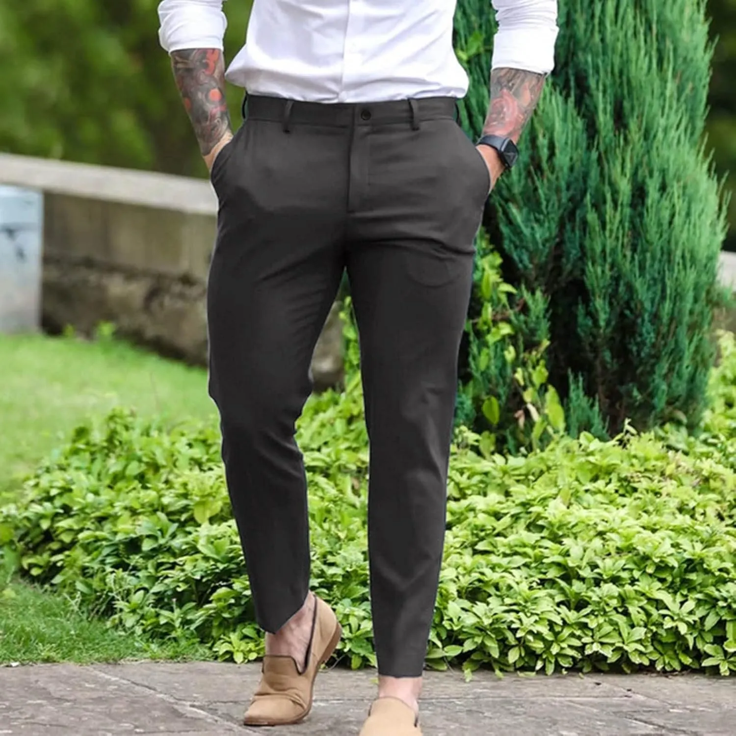 Mens Dress Pants,Fashion Slim Fit Chino Work Suit Pants Classic Expandable Waist Formal Dress Suit Trousers