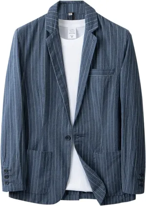 Men's Linen Blazer Lightweight Jacket Sport Coat One Button Navy Blue Stripe, Large