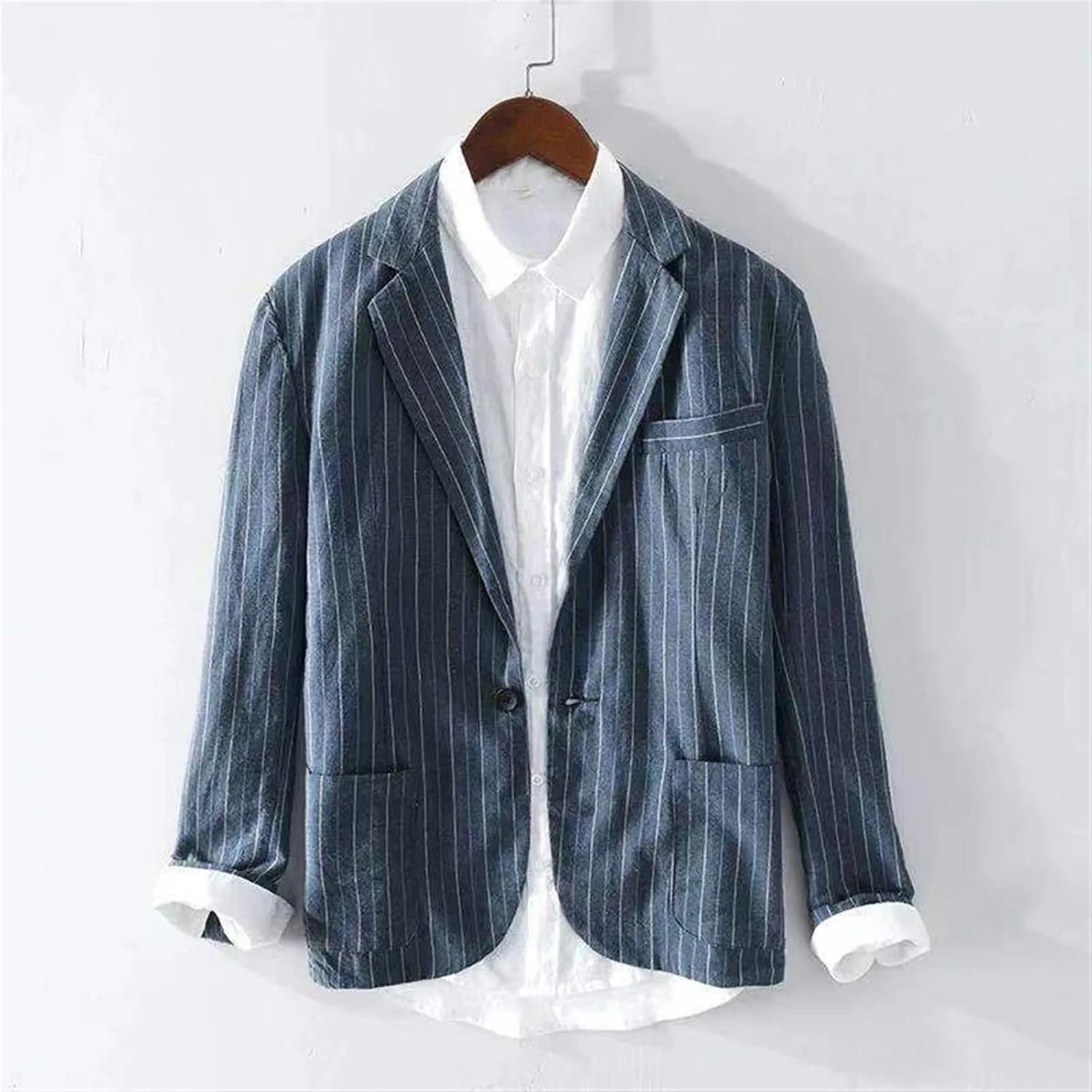 Men's Linen Blazer Lightweight Jacket Sport Coat One Button Navy Blue Stripe, Large