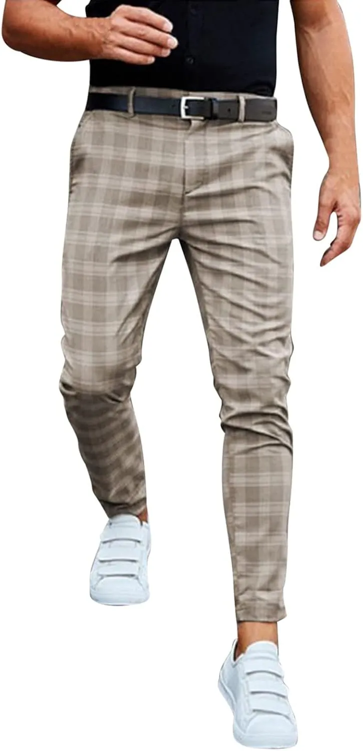 Men's Slim Fit Plaid Dress Trousers Fashion Flat Front Checkered Chino Pants Big and Tall Stretch Skinny Work Trouser