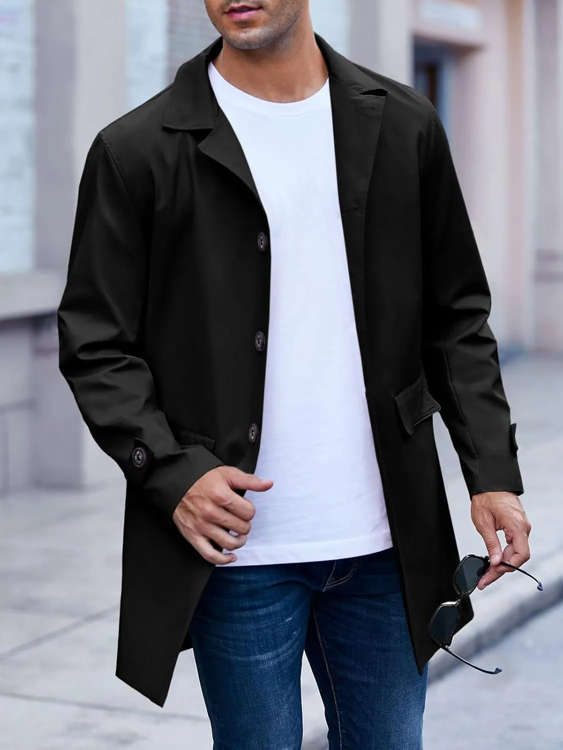Mens Trench Coat Slim Fit Single Breasted Casual Long Jacket Lightweight Lapel Fall Windbreaker Overcoat