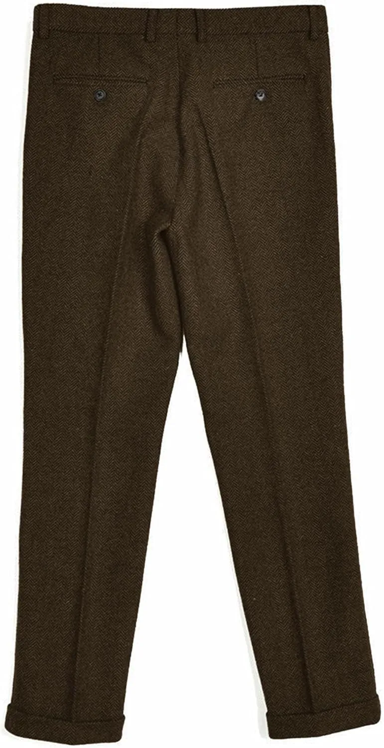Men's Vintage Herringbone Tweed Suit Pants Slim Fit Thick Wool Flat Front Dress Trousers