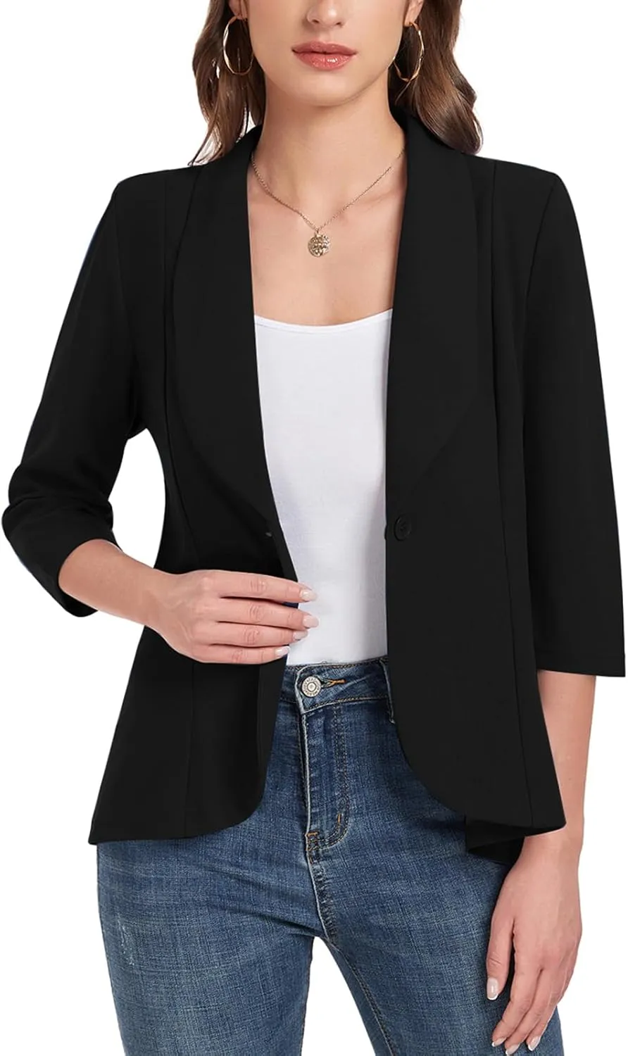 MINTLIMIT Womens Casual Blazer Open Front 3/4 Sleeve Shawl Collar Ruffle Hem Work Office Suit Jacket
