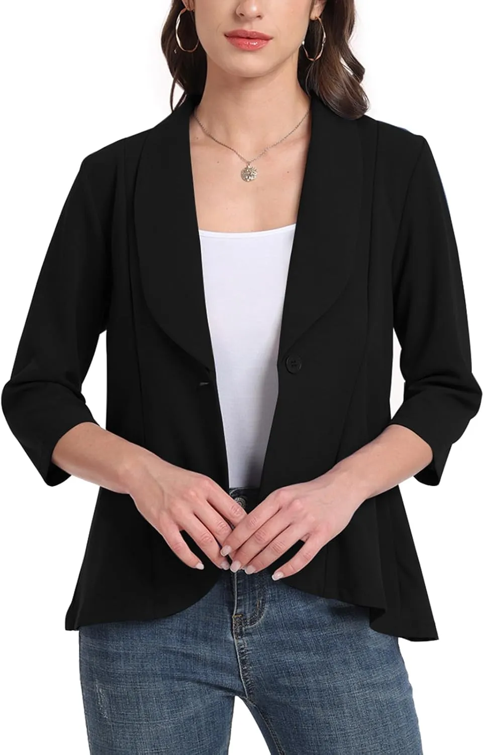 MINTLIMIT Womens Casual Blazer Open Front 3/4 Sleeve Shawl Collar Ruffle Hem Work Office Suit Jacket