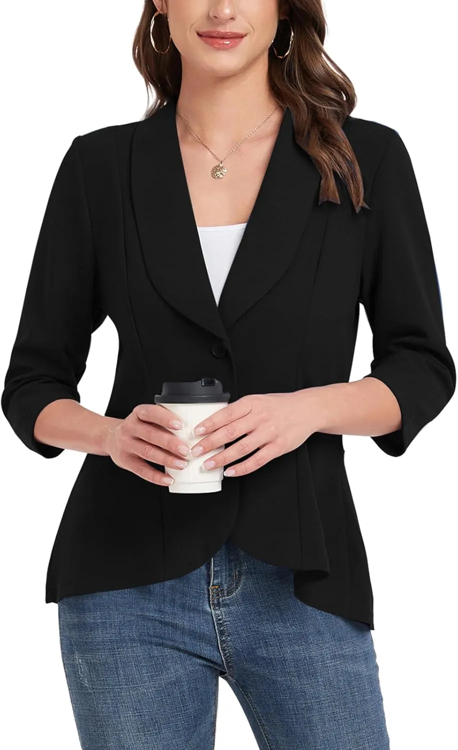 MINTLIMIT Womens Casual Blazer Open Front 3/4 Sleeve Shawl Collar Ruffle Hem Work Office Suit Jacket