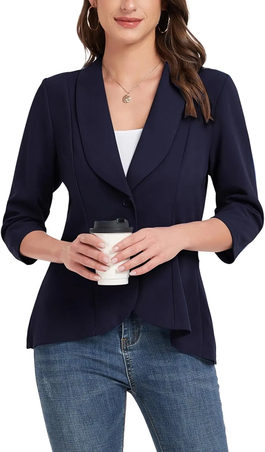 MINTLIMIT Womens Casual Blazer Open Front 3/4 Sleeve Shawl Collar Ruffle Hem Work Office Suit Jacket