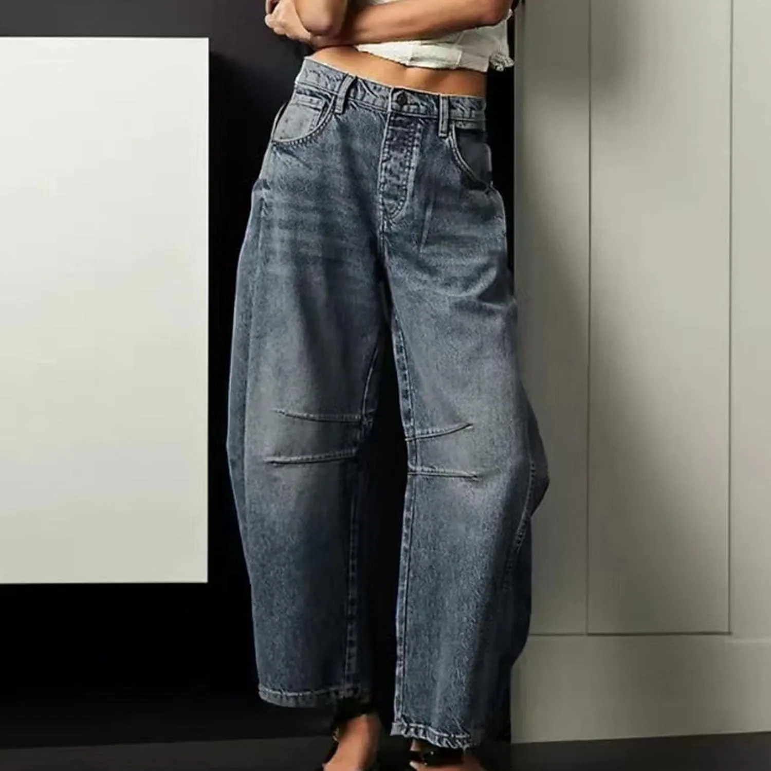 Miyaomn Vintage Barrel Jeans for Women High Waisted Wide Leg Baggy Cropped Harem Pants Y2k Boyfriend Stretch Denim Trousers