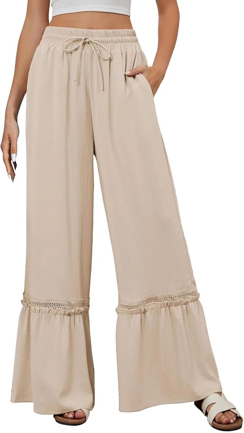 Miyaomn Women's High Waisted Flowy Palazzo Pants Wide Leg Drawstring Beach Trousers Dressy Lace Tiered Ruffled Summer Outfits