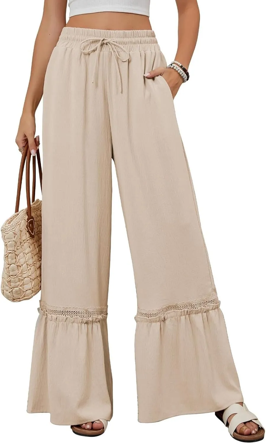Miyaomn Women's High Waisted Flowy Palazzo Pants Wide Leg Drawstring Beach Trousers Dressy Lace Tiered Ruffled Summer Outfits