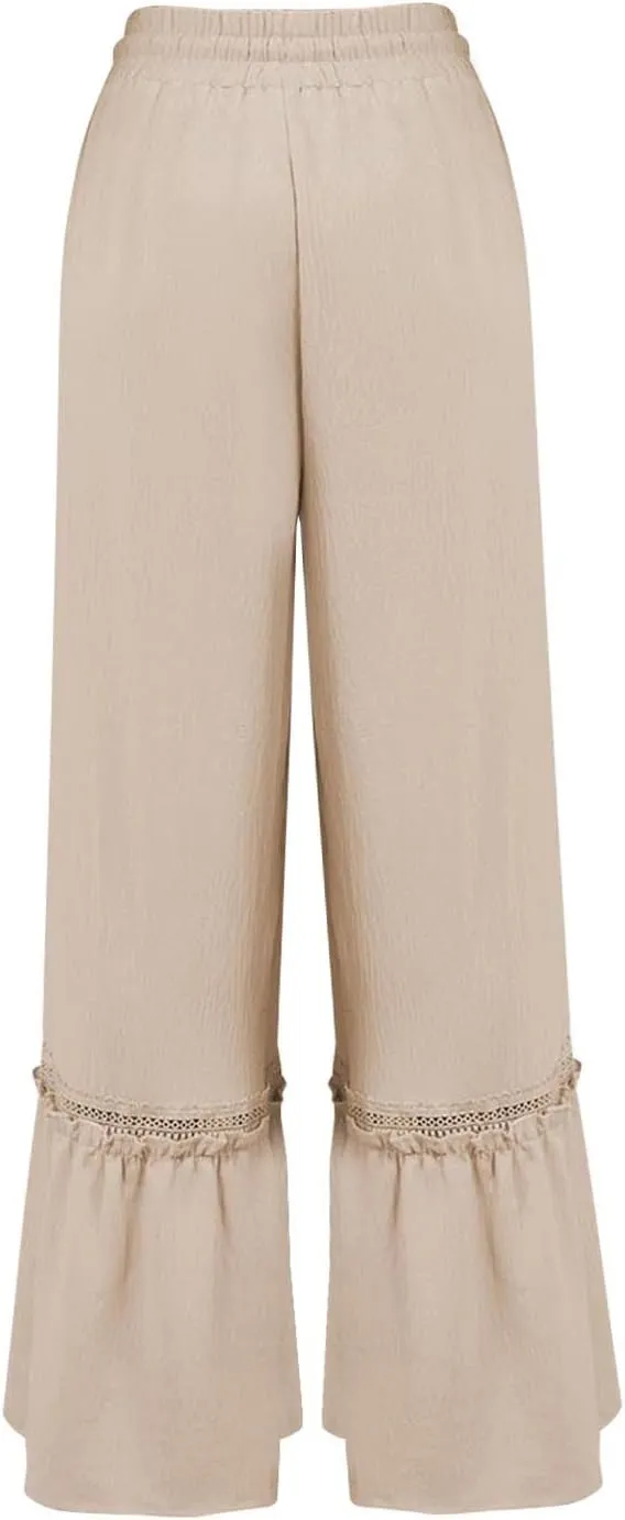 Miyaomn Women's High Waisted Flowy Palazzo Pants Wide Leg Drawstring Beach Trousers Dressy Lace Tiered Ruffled Summer Outfits