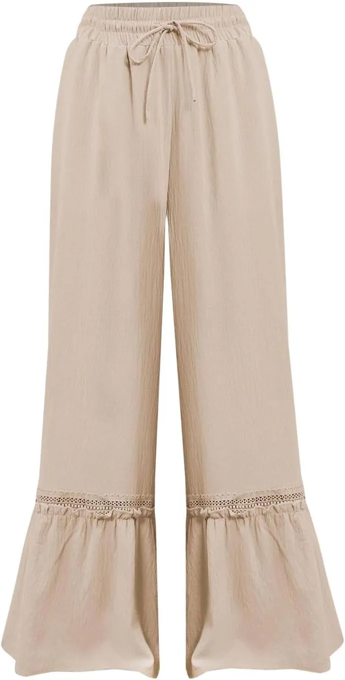 Miyaomn Women's High Waisted Flowy Palazzo Pants Wide Leg Drawstring Beach Trousers Dressy Lace Tiered Ruffled Summer Outfits