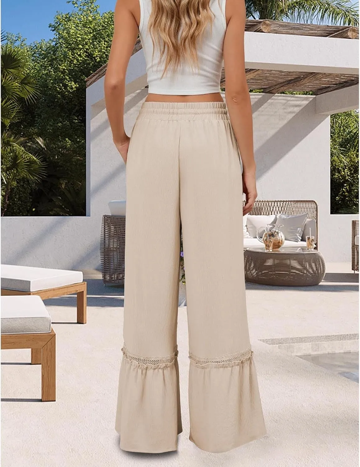 Miyaomn Women's High Waisted Flowy Palazzo Pants Wide Leg Drawstring Beach Trousers Dressy Lace Tiered Ruffled Summer Outfits