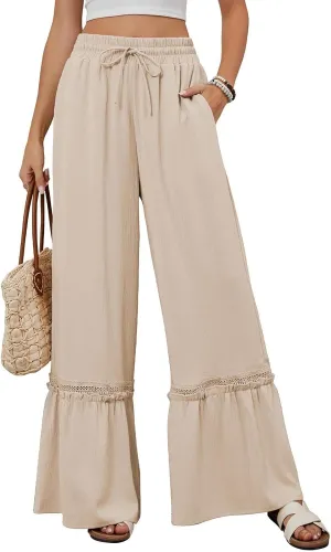 Miyaomn Women's High Waisted Flowy Palazzo Pants Wide Leg Drawstring Beach Trousers Dressy Lace Tiered Ruffled Summer Outfits