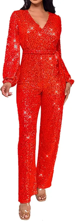 Miyaomn Women's Sparkly Sequin Jumpsuits Sexy V-Neck Long Sleeve High Waisted Wide Leg Pants with Belt Rompers Party Clubwear