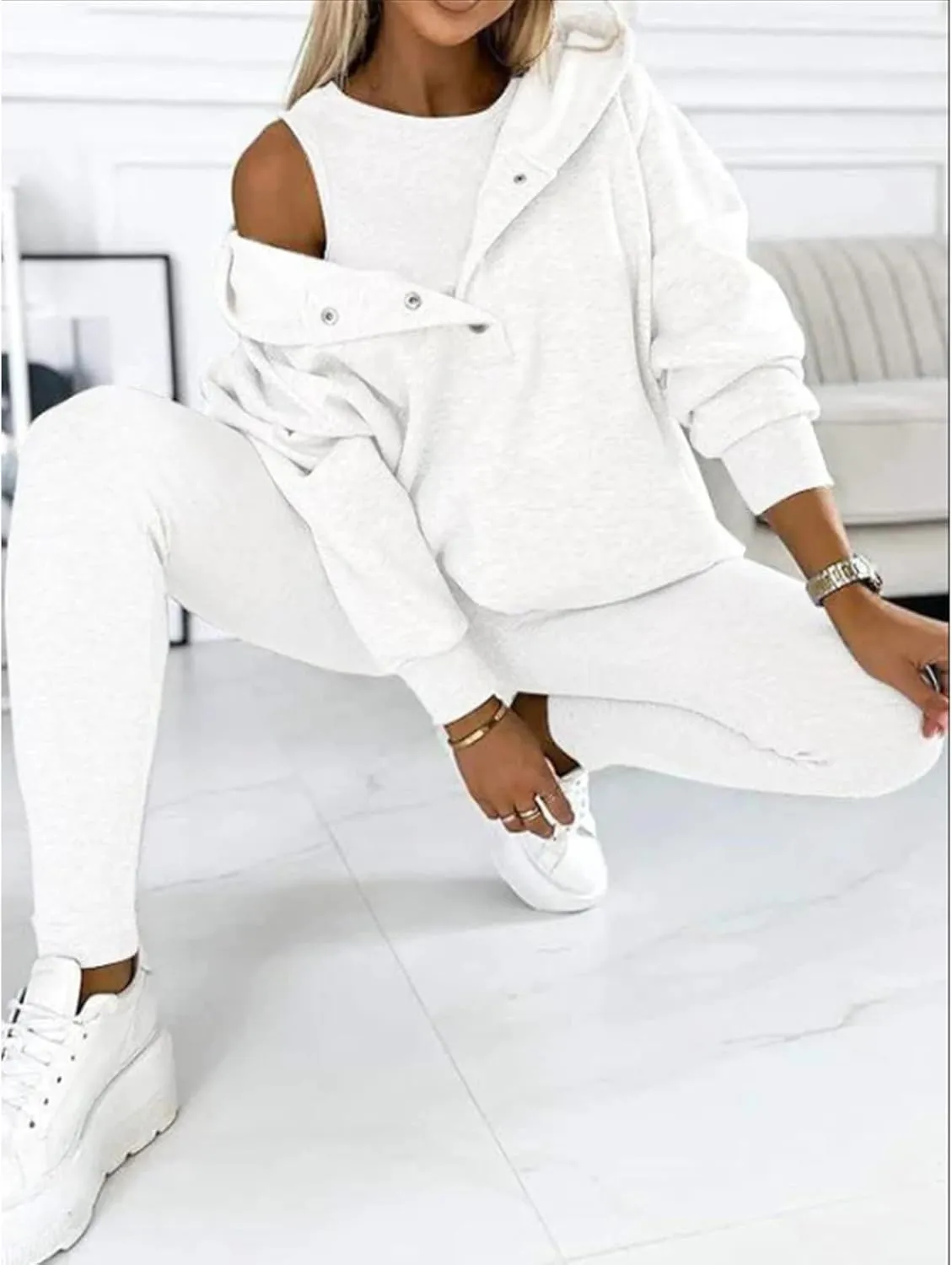 Montara 3 Piece Hoodie Set Women, Oversized Hooded Casual 3pcs Sweatshirt Suit, Button Collar and V-Neckcan Switch Designs