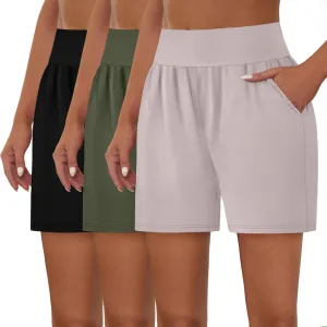 Neer 3 Pack Cotton Women's Athletic Shorts 5'' High Waisted Elastic Wide Leg Yoga Gym Workout Lounge with Pockets