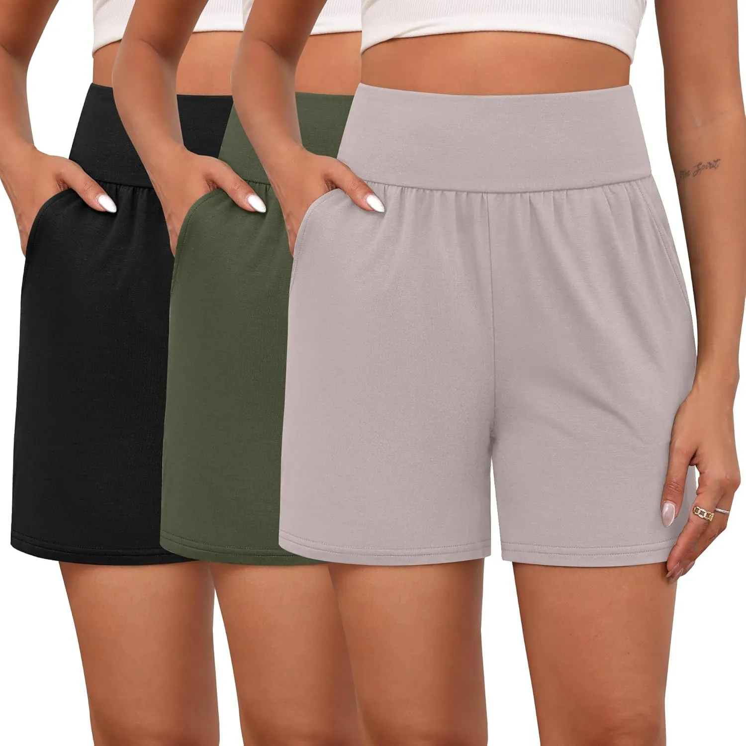 Neer 3 Pack Cotton Women's Athletic Shorts 5'' High Waisted Elastic Wide Leg Yoga Gym Workout Lounge with Pockets