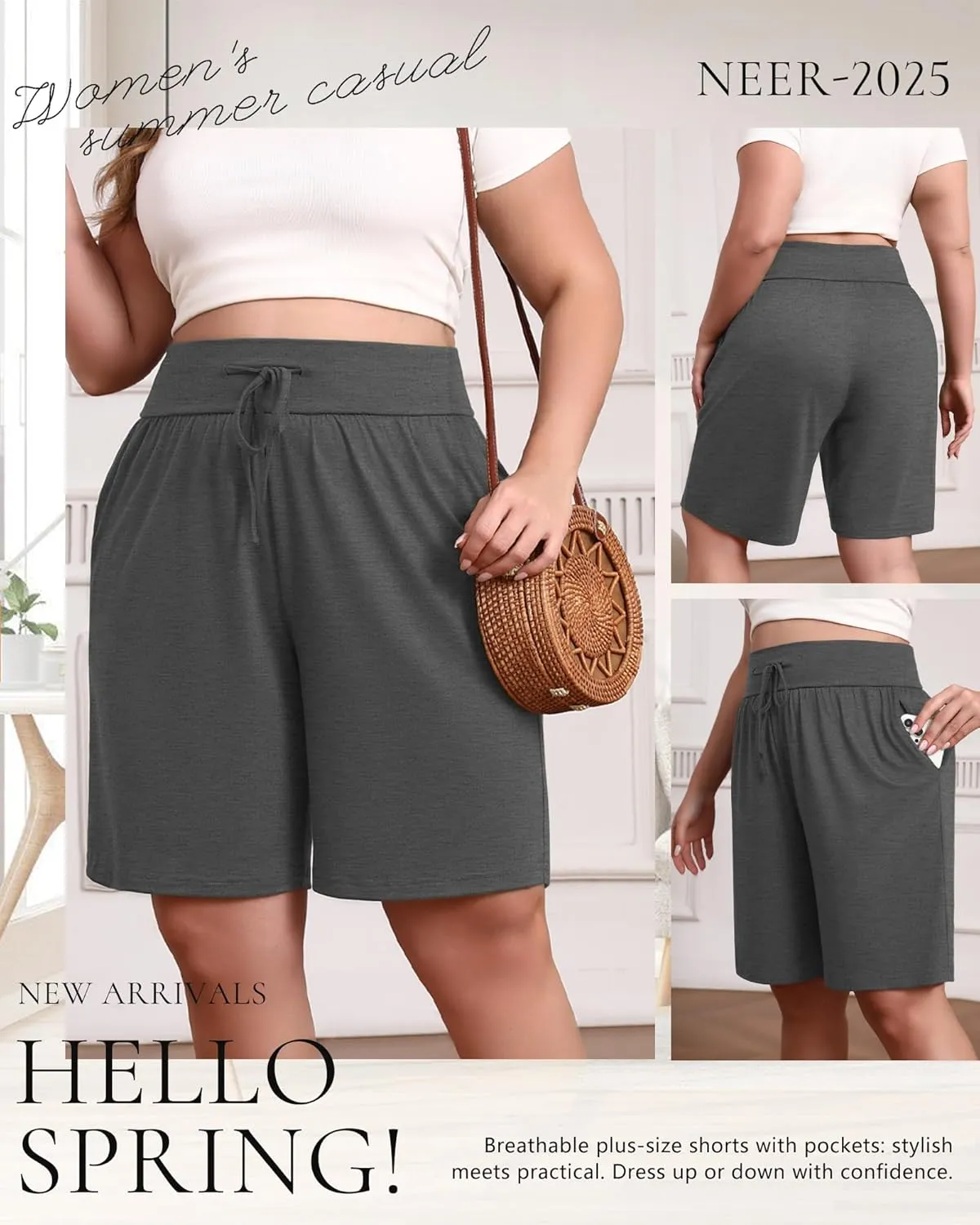 Neer 3 Pack Plus Size Women's Bermuda Shorts Cotton Drawstring High Waist Casual Athletic Sweatpants with Pockets XL-5XL