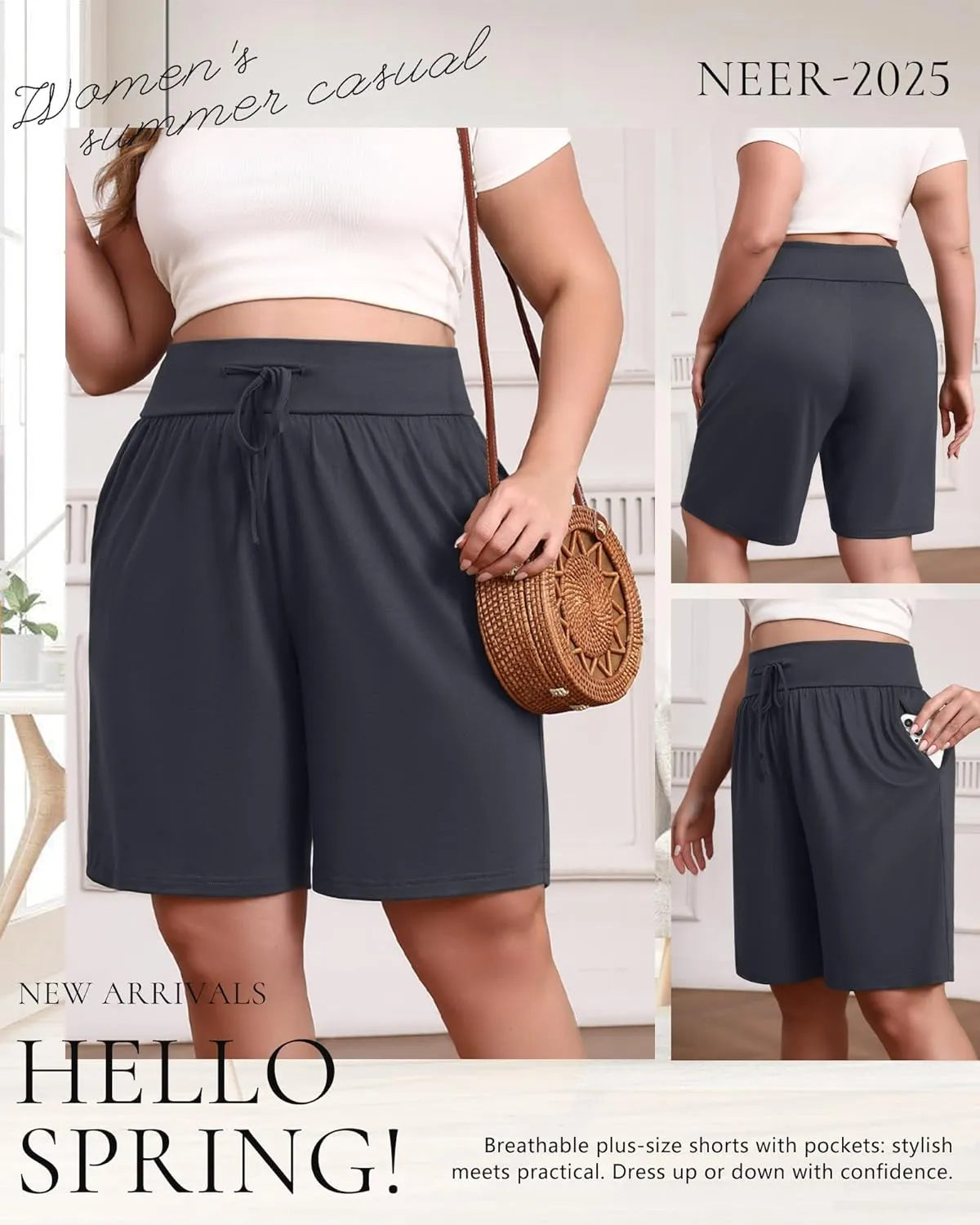Neer 3 Pack Plus Size Women's Bermuda Shorts Cotton Drawstring High Waist Casual Athletic Sweatpants with Pockets XL-5XL