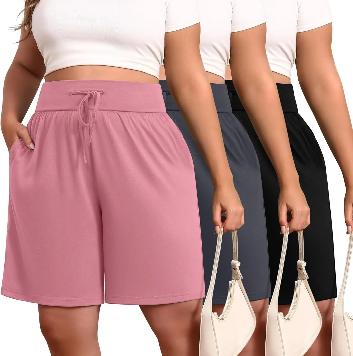Neer 3 Pack Plus Size Women's Bermuda Shorts Cotton Drawstring High Waist Casual Athletic Sweatpants with Pockets XL-5XL