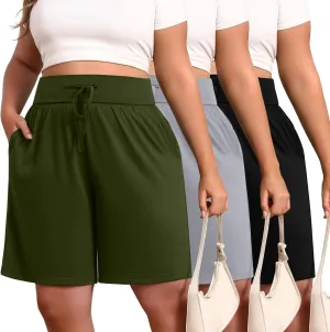 Neer 3 Pack Plus Size Women's Bermuda Shorts Cotton Drawstring High Waist Casual Athletic Sweatpants with Pockets XL-5XL
