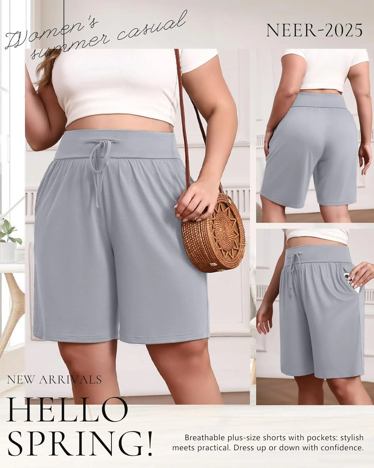 Neer 3 Pack Plus Size Women's Bermuda Shorts Cotton Drawstring High Waist Casual Athletic Sweatpants with Pockets XL-5XL