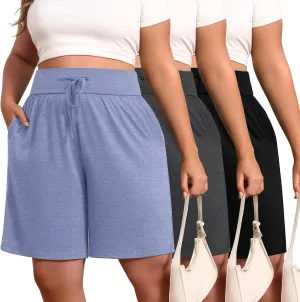 Neer 3 Pack Plus Size Women's Bermuda Shorts Cotton Drawstring High Waist Casual Athletic Sweatpants with Pockets XL-5XL