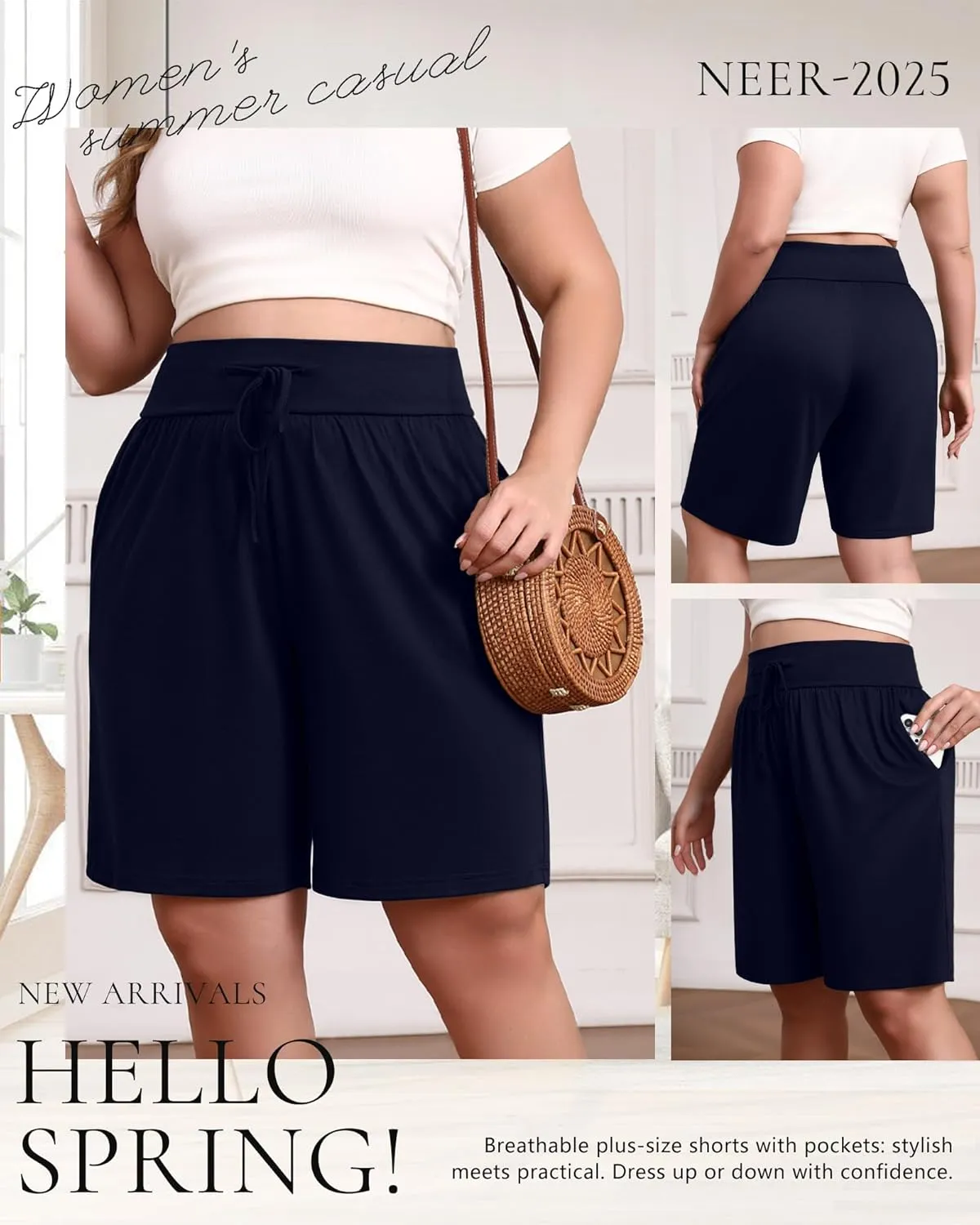 Neer 3 Pack Plus Size Women's Bermuda Shorts Cotton Drawstring High Waist Casual Athletic Sweatpants with Pockets XL-5XL
