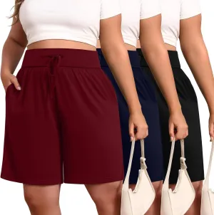 Neer 3 Pack Plus Size Women's Bermuda Shorts Cotton Drawstring High Waist Casual Athletic Sweatpants with Pockets XL-5XL