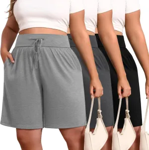 Neer 3 Pack Plus Size Women's Bermuda Shorts Cotton Drawstring High Waist Casual Athletic Sweatpants with Pockets XL-5XL