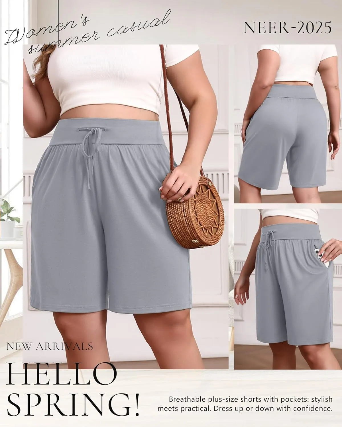 Neer 3 Pack Plus Size Women's Bermuda Shorts Cotton Drawstring High Waist Casual Athletic Sweatpants with Pockets XL-5XL