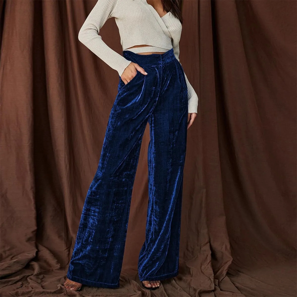 OBEEII Velvet Wide Leg Pants for Women High Waisted Pants Flowy Velvet Pants Casual Fall Winter Trousers with Pockets