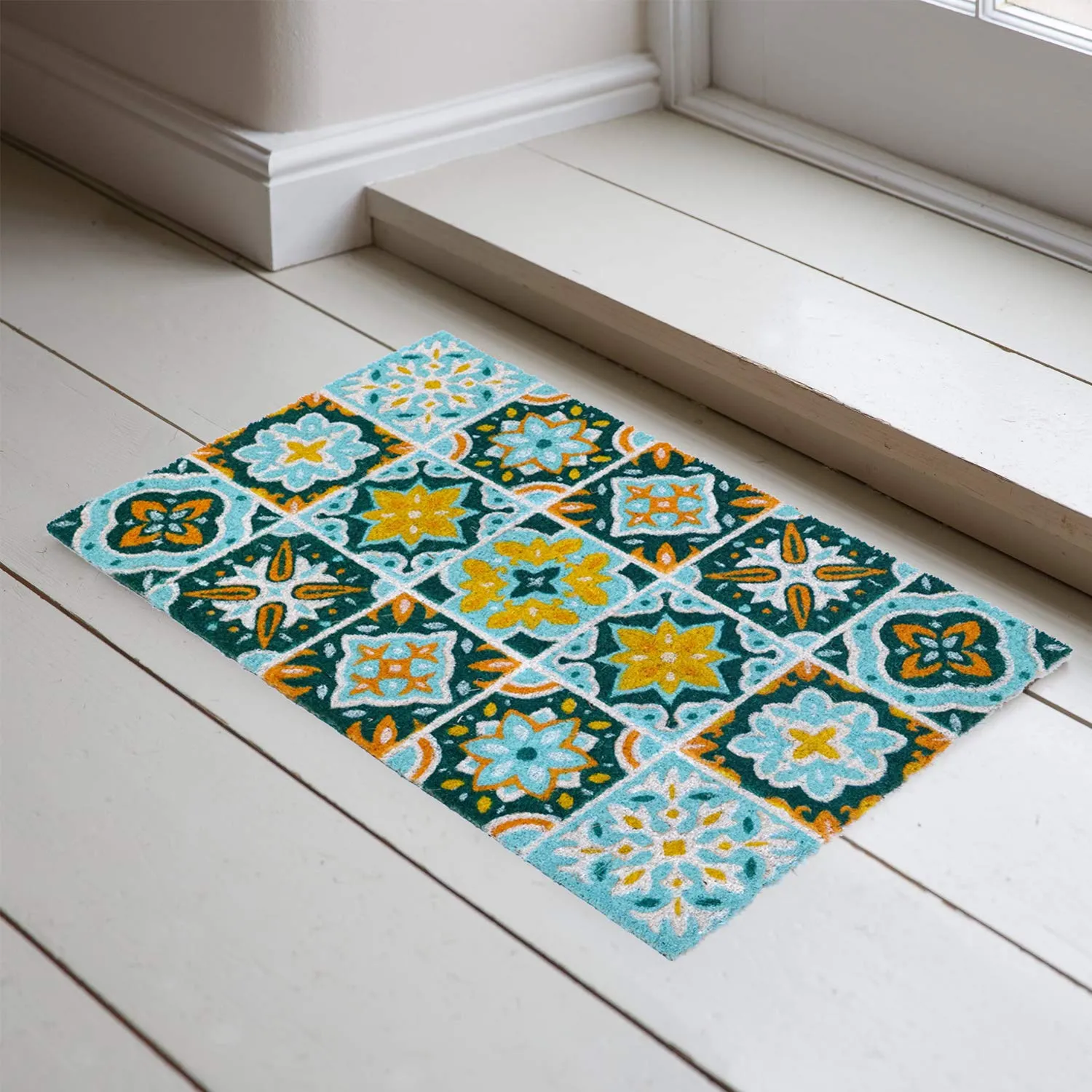 OnlyMat Flower Pattern Mosaic Tile Printed Coir Door Mat