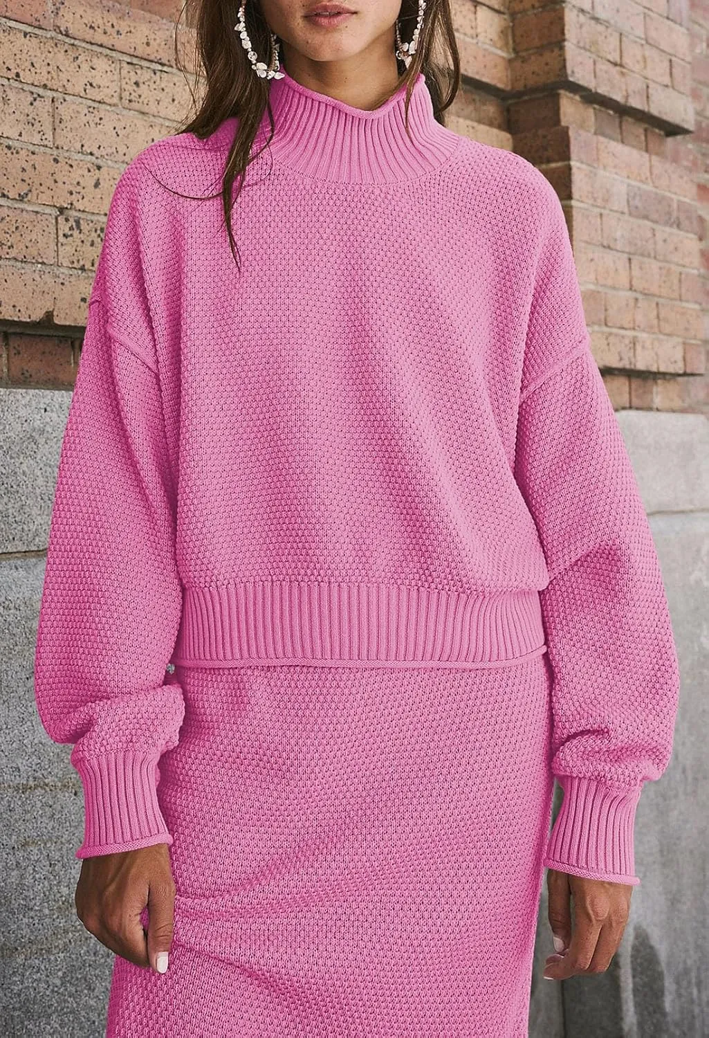 Pink Queen Women's 2 Piece Sweater Set Outfits Long Sleeve Oversized Top Bodycon Maxi Long Skirt Knit Dresses