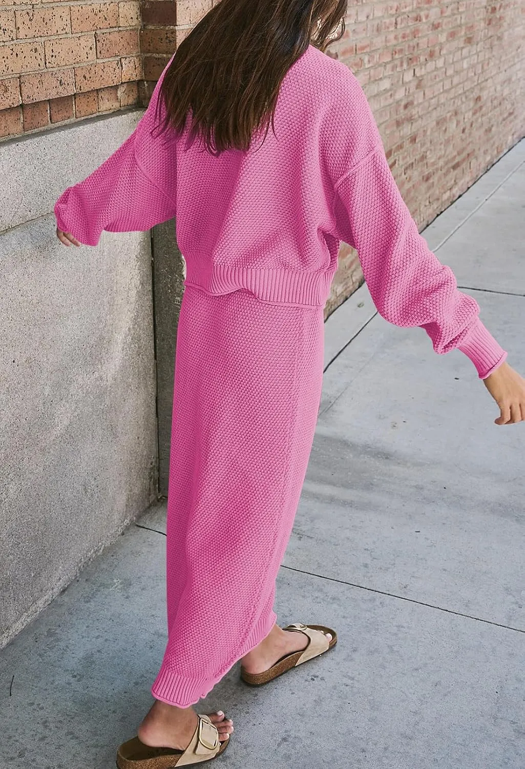 Pink Queen Women's 2 Piece Sweater Set Outfits Long Sleeve Oversized Top Bodycon Maxi Long Skirt Knit Dresses