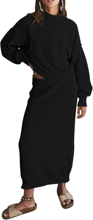 Pink Queen Women's 2 Piece Sweater Set Outfits Long Sleeve Oversized Top Bodycon Maxi Long Skirt Knit Dresses