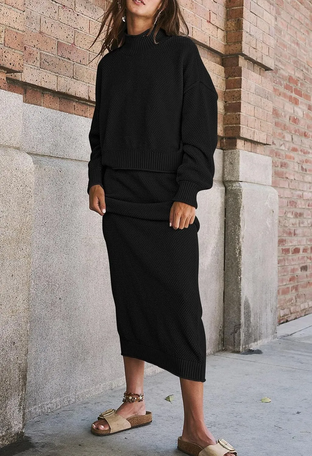 Pink Queen Women's 2 Piece Sweater Set Outfits Long Sleeve Oversized Top Bodycon Maxi Long Skirt Knit Dresses